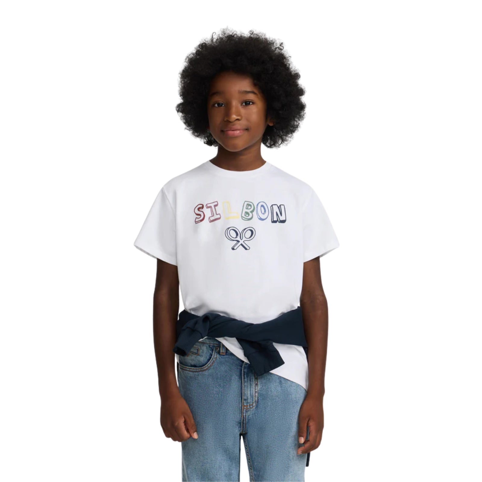 Camiseta blanca unisex niño Silbon con letras multicolor Konestilochic