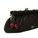 Twinset - 261TD8280 – Bolso clutch negro de rafia con colgante de cerezas (33x16x6 cm.)