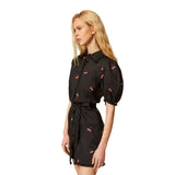 Twinset - 261TT2422 – Vestido corto camisero negro de ramio con bordados de cereza - Mujer