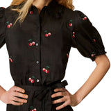 Twinset - 261TT2422 – Vestido corto camisero negro de ramio con bordados de cereza - Mujer