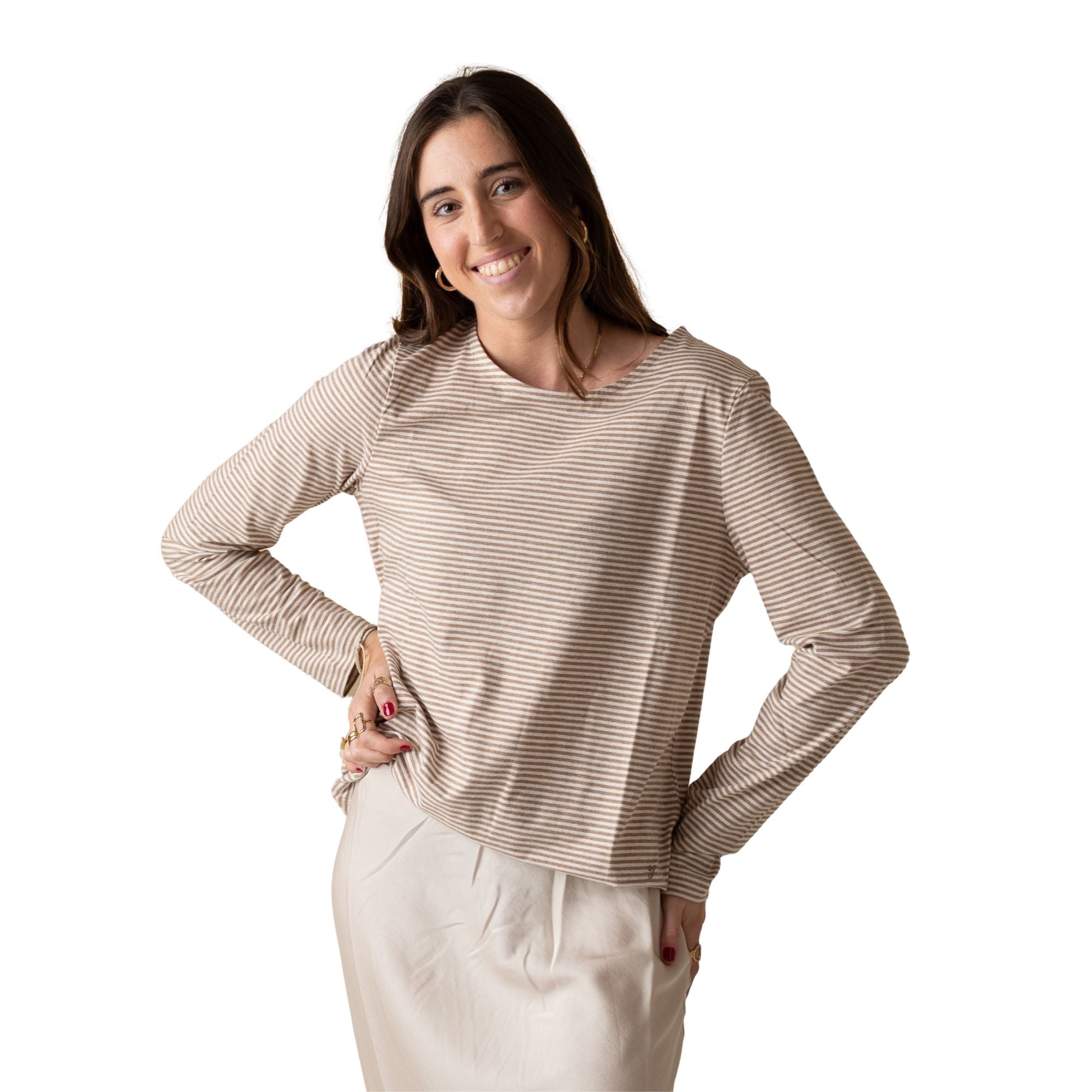 Camiseta de rayas beige Yerse de algodón orgánico mujer Konestilochic