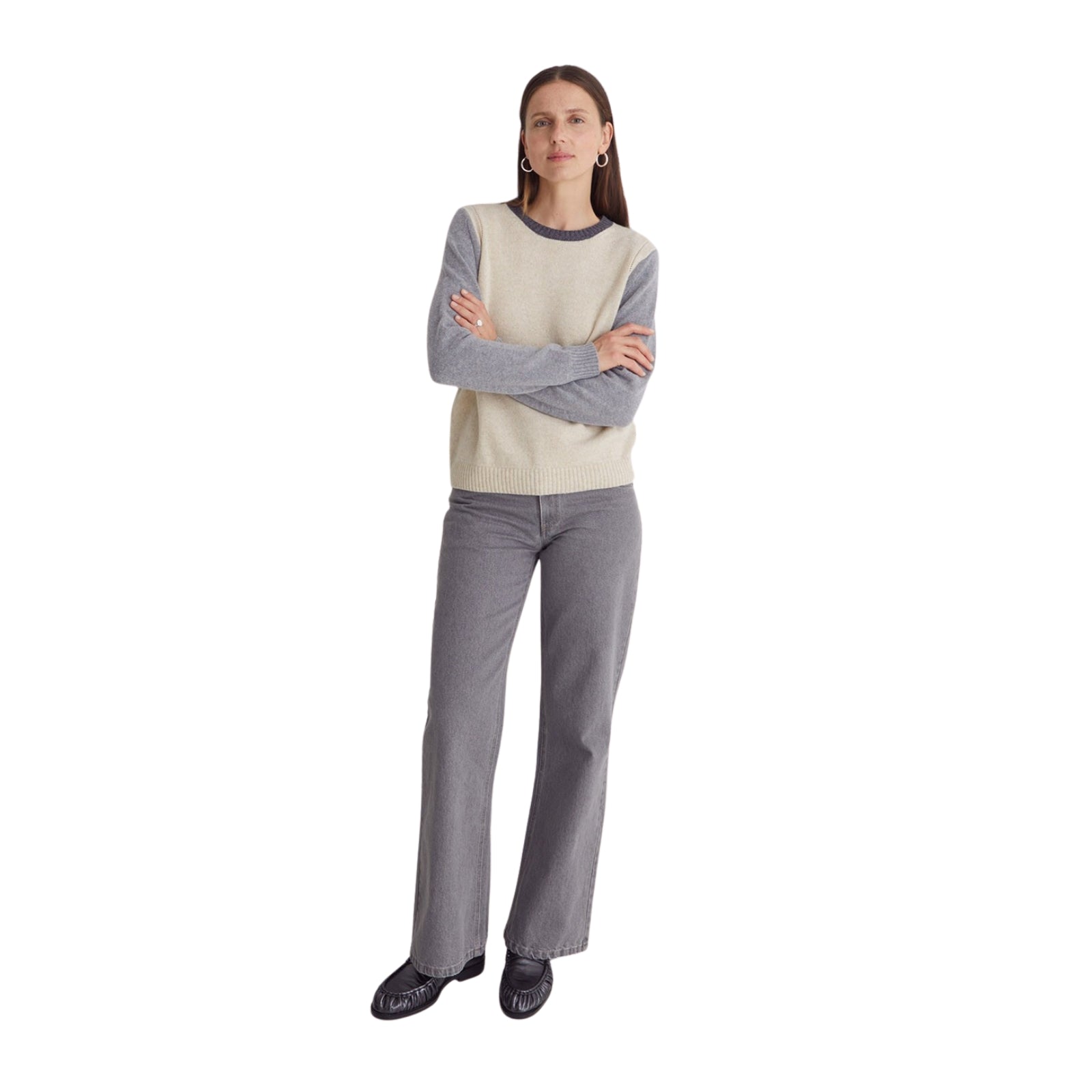 Jersey tricolor gris y beige de lana para mujer - Yerse Konestilochic