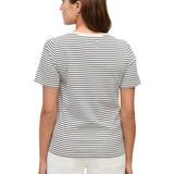 Yerse – 44006-255 – Camiseta básica de rayas azul marino y crudo con cuello de pico 100% algodón orgánico - Mujer