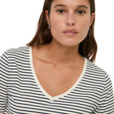 Yerse – 44006-255 – Camiseta básica de rayas azul marino y crudo con cuello de pico 100% algodón orgánico - Mujer