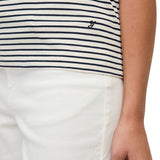 Yerse – 44006-255 – Camiseta básica de rayas azul marino y crudo con cuello de pico 100% algodón orgánico - Mujer