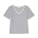 Yerse – 44006-255 – Camiseta básica de rayas azul marino y crudo con cuello de pico 100% algodón orgánico - Mujer