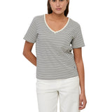 Yerse – 44006-255 – Camiseta básica de rayas azul marino y crudo con cuello de pico 100% algodón orgánico - Mujer