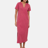 Yerse - 44214-79 – Vestido largo 100% algodón color frambuesa de manga corta con bolsillos - Mujer