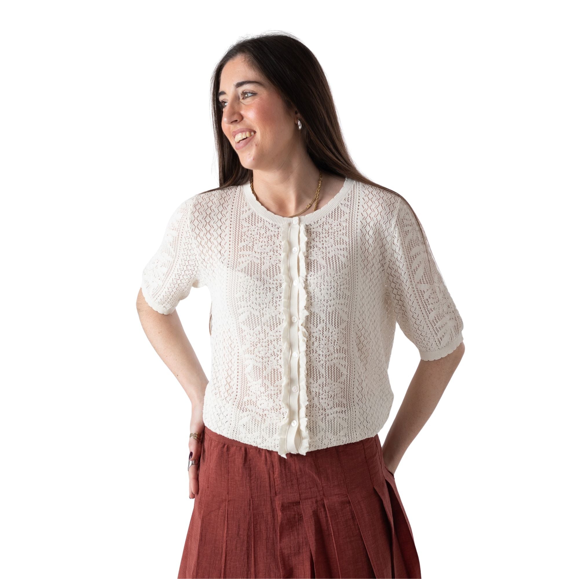 Cárdigan beige calado mujer Yerse | Punto fino elegante Konestilochic