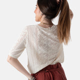 Yerse - 44517-1 – Cárdigan blanco calado de manga corta con detalle de volante en la tapeta - Mujer