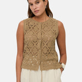 Yerse – 44549_024 – Chaleco verde de crochet con cierre de botones y patrón floral - Mujer