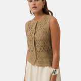 Yerse – 44549_024 – Chaleco verde de crochet con cierre de botones y patrón floral - Mujer