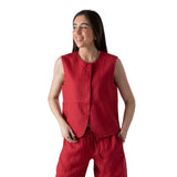 Yerse - 44851-79 – Chaleco rojo fresa 100% lino con forro de algodón y escote redondo - Mujer