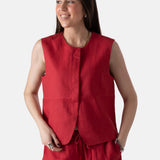 Yerse - 44851-79 – Chaleco rojo fresa 100% lino con forro de algodón y escote redondo - Mujer