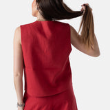 Yerse - 44851-79 – Chaleco rojo fresa 100% lino con forro de algodón y escote redondo - Mujer