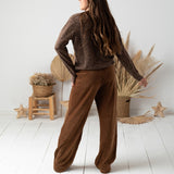 Yerse - 45455-9 - Pantalones anchos camel de punto de pana y tiro alto con bolsillos - Mujer
