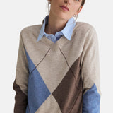 Yerse - 45530-302 - Jersey crudo de lana y cashmere con estampado de rombos y escote de pico - Mujer