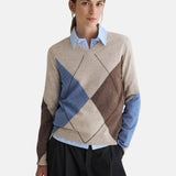 Yerse - 45530-302 - Jersey crudo de lana y cashmere con estampado de rombos y escote de pico - Mujer