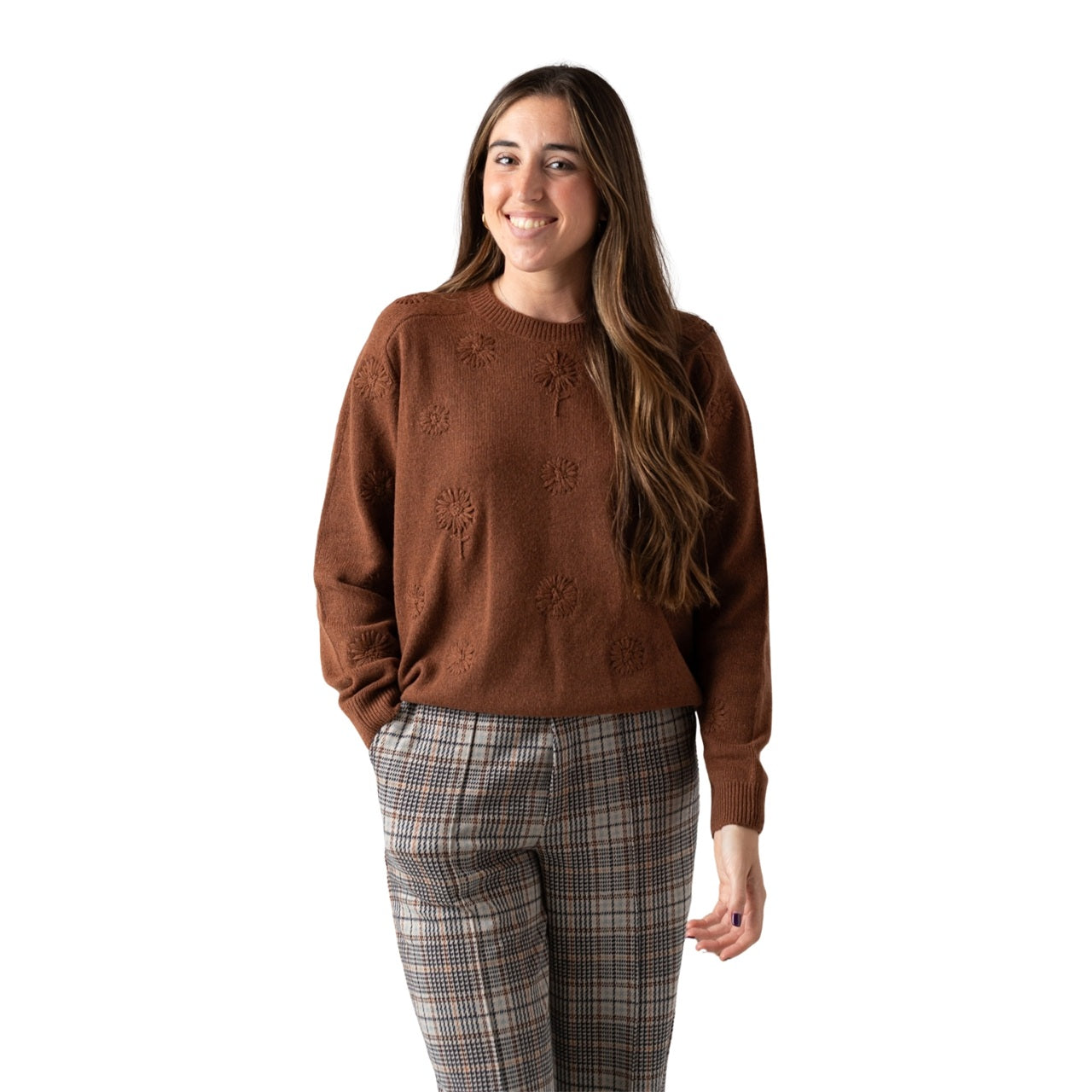 Jersey lana marrón flores bordadas mujer Yerse | Konestilochic