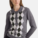 Yerse - 45589-333 - Jersey gris de rombos 100% lana merina con cuello polo - Mujer