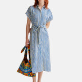 Compañía Fantástica - 61C40017 – Vestido azul midi de rayas 100% viscosa con cintura lazada - Mujer