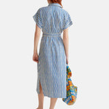 Compañía Fantástica - 61C40017 – Vestido azul midi de rayas 100% viscosa con cintura lazada - Mujer