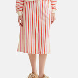 Compañía Fantástica - 61C42022 – Falda midi 100% algodón con bolsillos y estampado de rayas rojas y rosas - Mujer