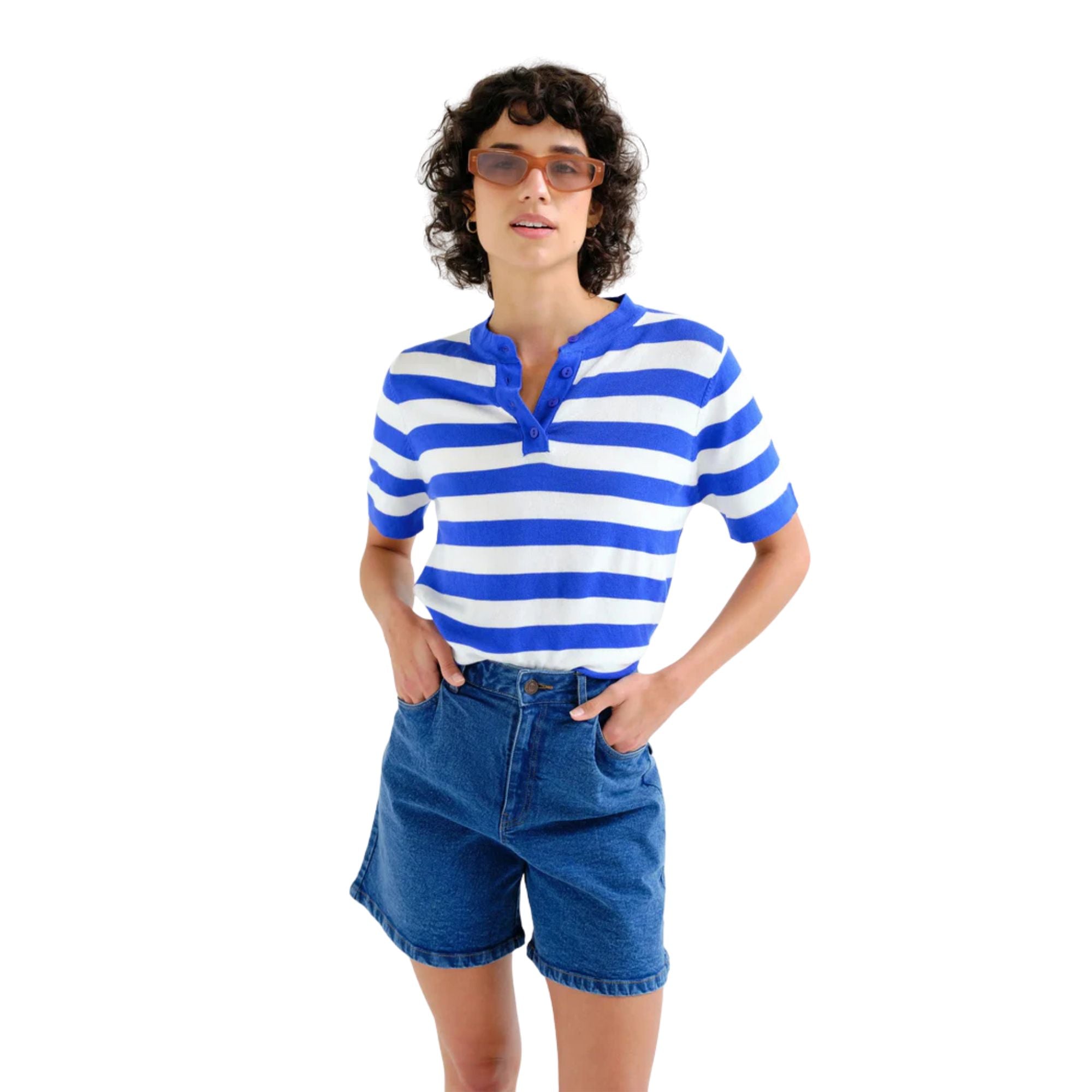 Top azul de rayas Compañía Fantástica mujer - manga corta Konestilochic