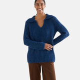 Compañía Fantástica - 64C-10280 - Jersey azul de punto mezcla de lana con escote pico - Mujer