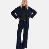 Compañía Fantástica - 64C-11134 - Pantalones aterciopelados azul oscuro con botón joya - Mujer