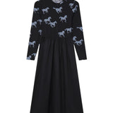 Compañía Fantástica - 64C-12109 - Vestido negro midi con estampado de caballos - Mujer