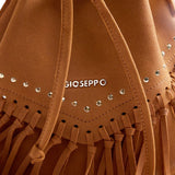 Gioseppo – Tonka 76970-P_Cuero – Bolso bucket con flecos y cierre con cordón (27,5 x 11 x 21,5 cm.)