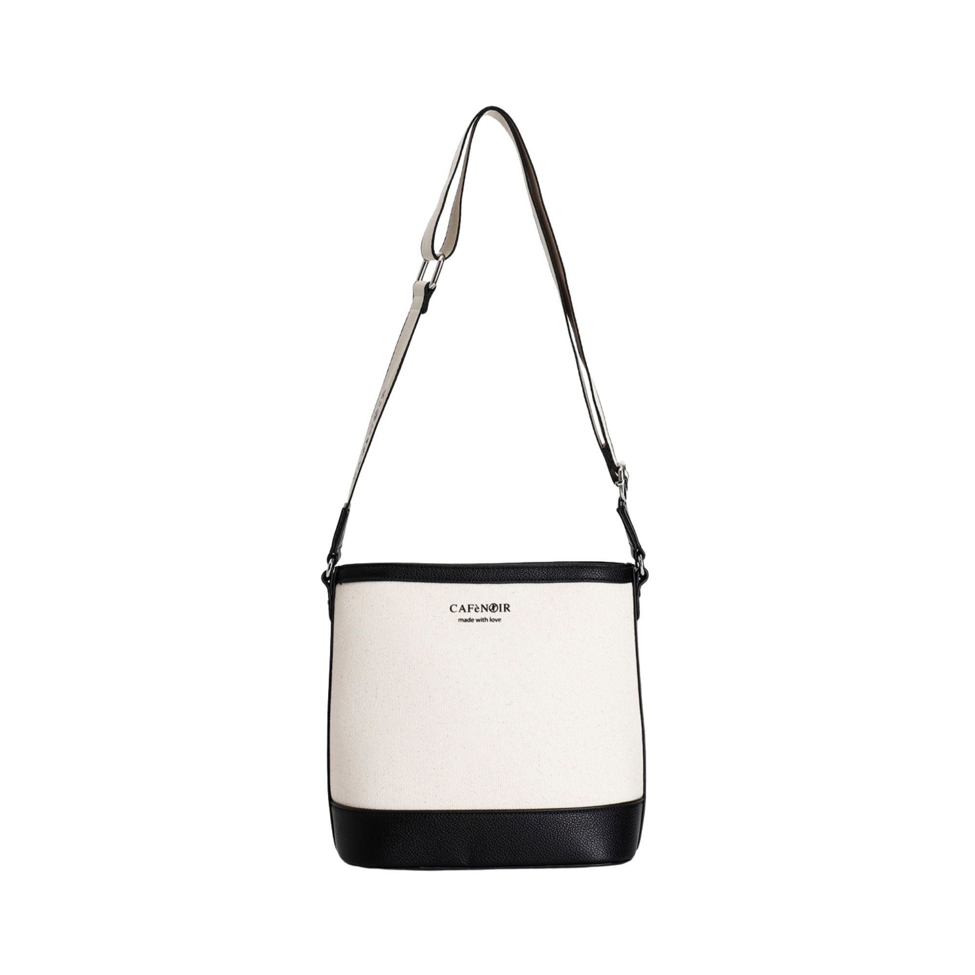 Bolso blanco y negro CaféNoir estilo bucket con correa ajustable Konestilochic