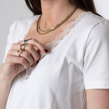 System Action - CTDCT711-1 – Camiseta blanca de algodón orgánico con escote en pico y puntilla - Mujer