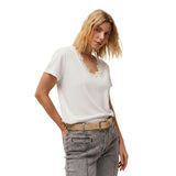 System Action - CTDCT711-1 – Camiseta blanca de algodón orgánico con escote en pico y puntilla - Mujer
