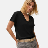 System Action - CTDCT711-40 – Camiseta negra de manga corta con puntilla en el escote - Mujer