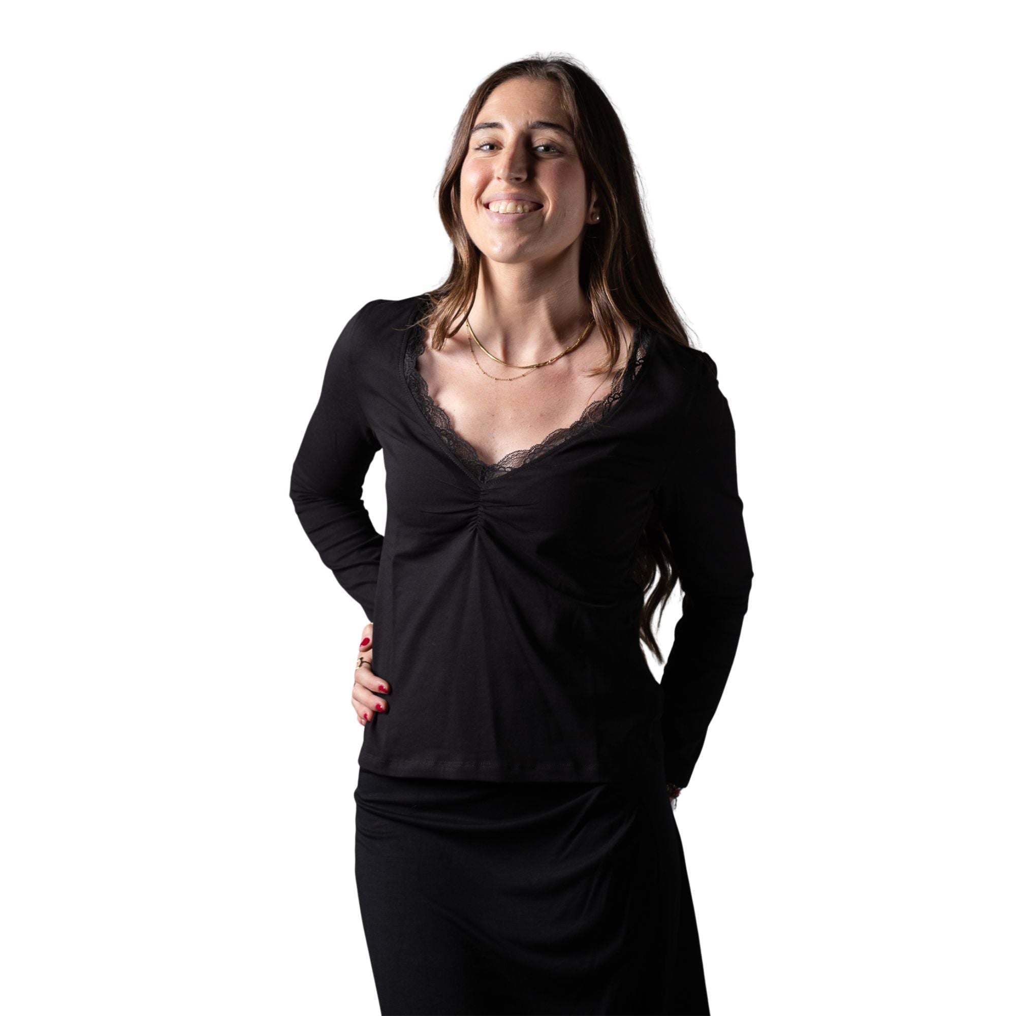 Camiseta negra mujer System Action con encaje y manga larga Konestilochic