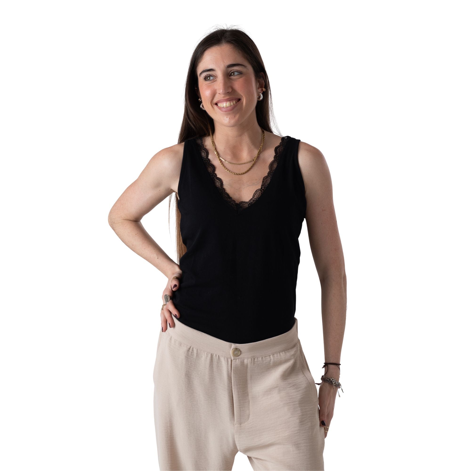 Top negro mujer con puntilla | System Action Konestilochic