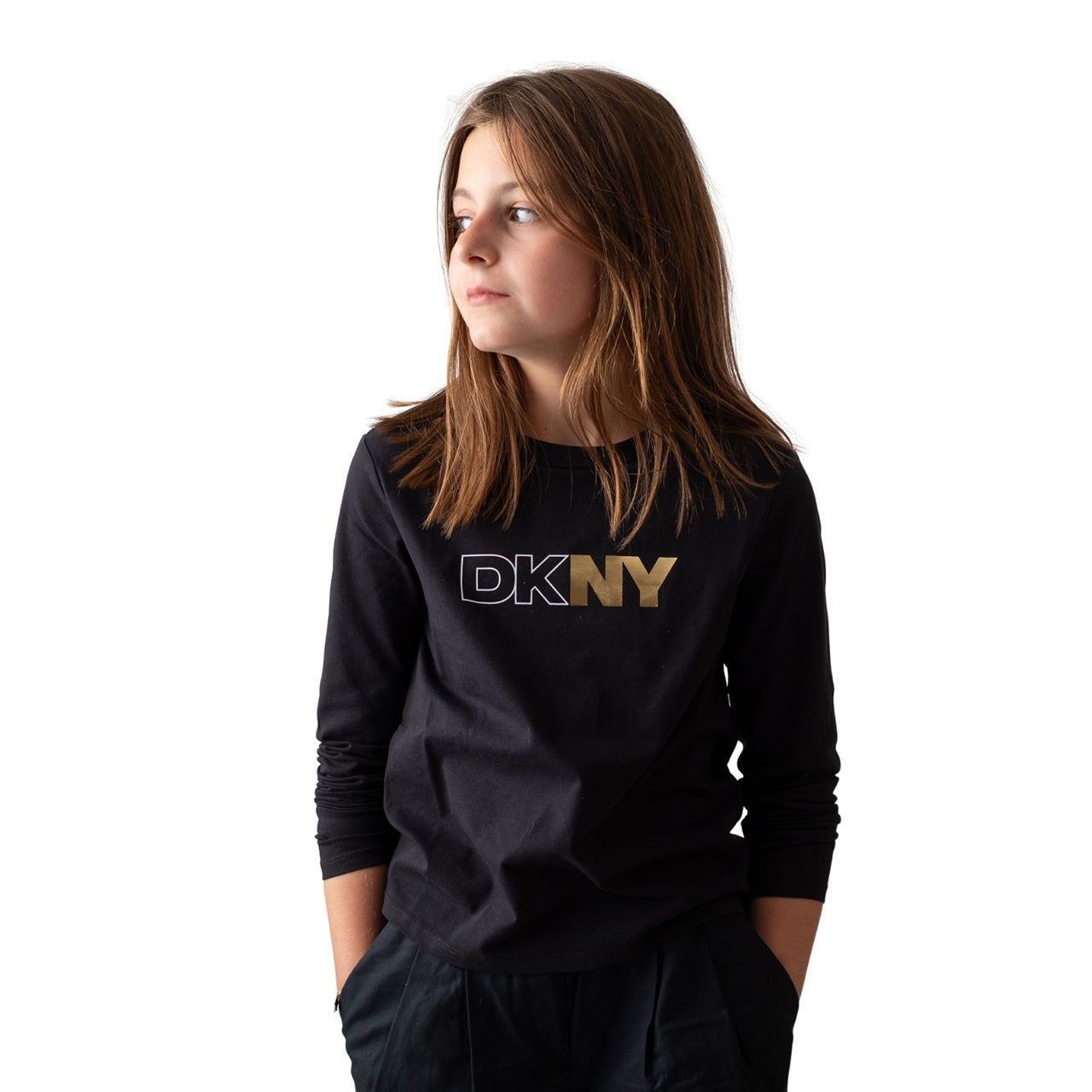 Camiseta negra DKNY para niña de algodón ecológico - Manga larga Konestilochic