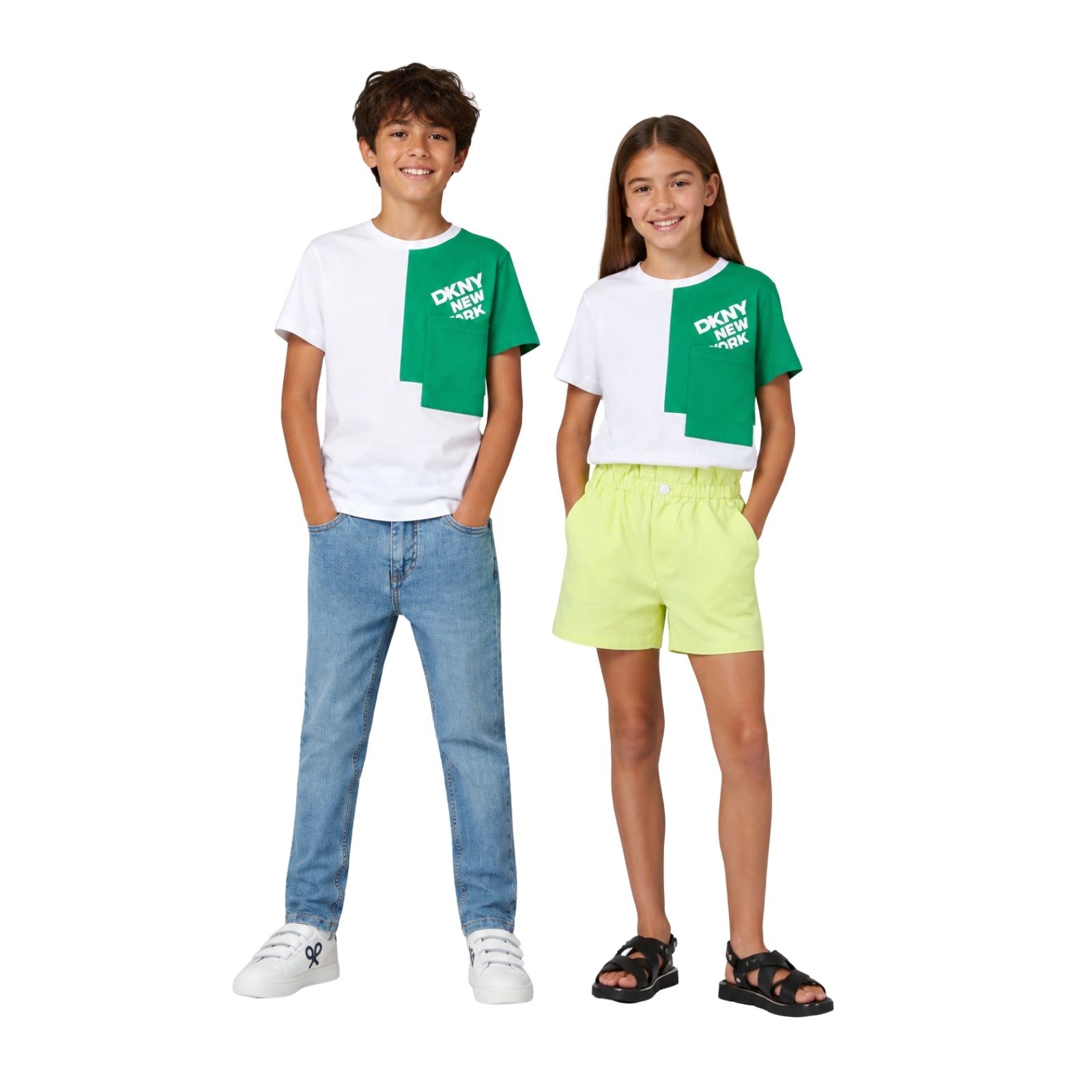 Camiseta blanca verde DKNY con bolsillo unisex niños | Konestilochic
