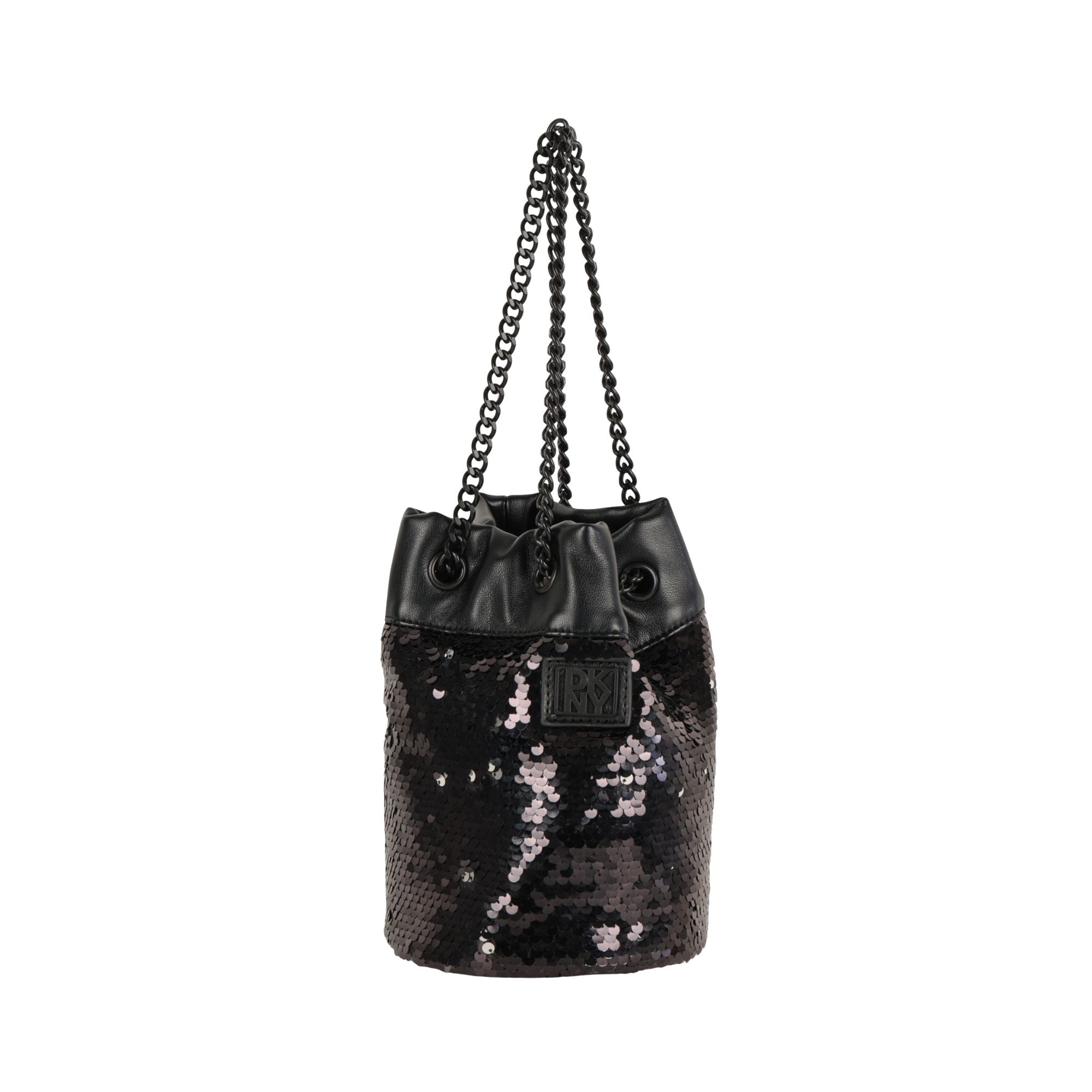 Bolso negro de lentejuelas DKNY con cadena – Elegancia única Konestilochic