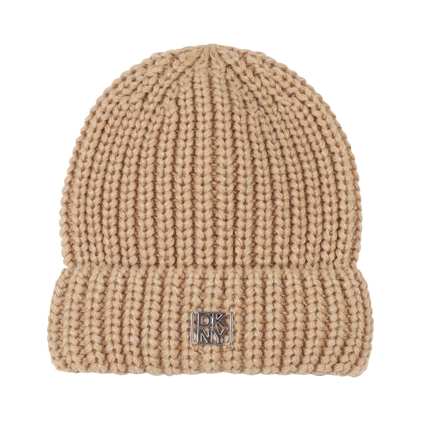 Gorro beige de punto para niña DKNY con detalle metálico Konestilochic