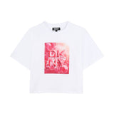 DKNY - D62621-N54 – Camiseta blanca de manga corta de punto de algodón con ilustración delantera - Niña