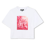 DKNY - D62621-N54 – Camiseta blanca de manga corta de punto de algodón con ilustración delantera - Niña