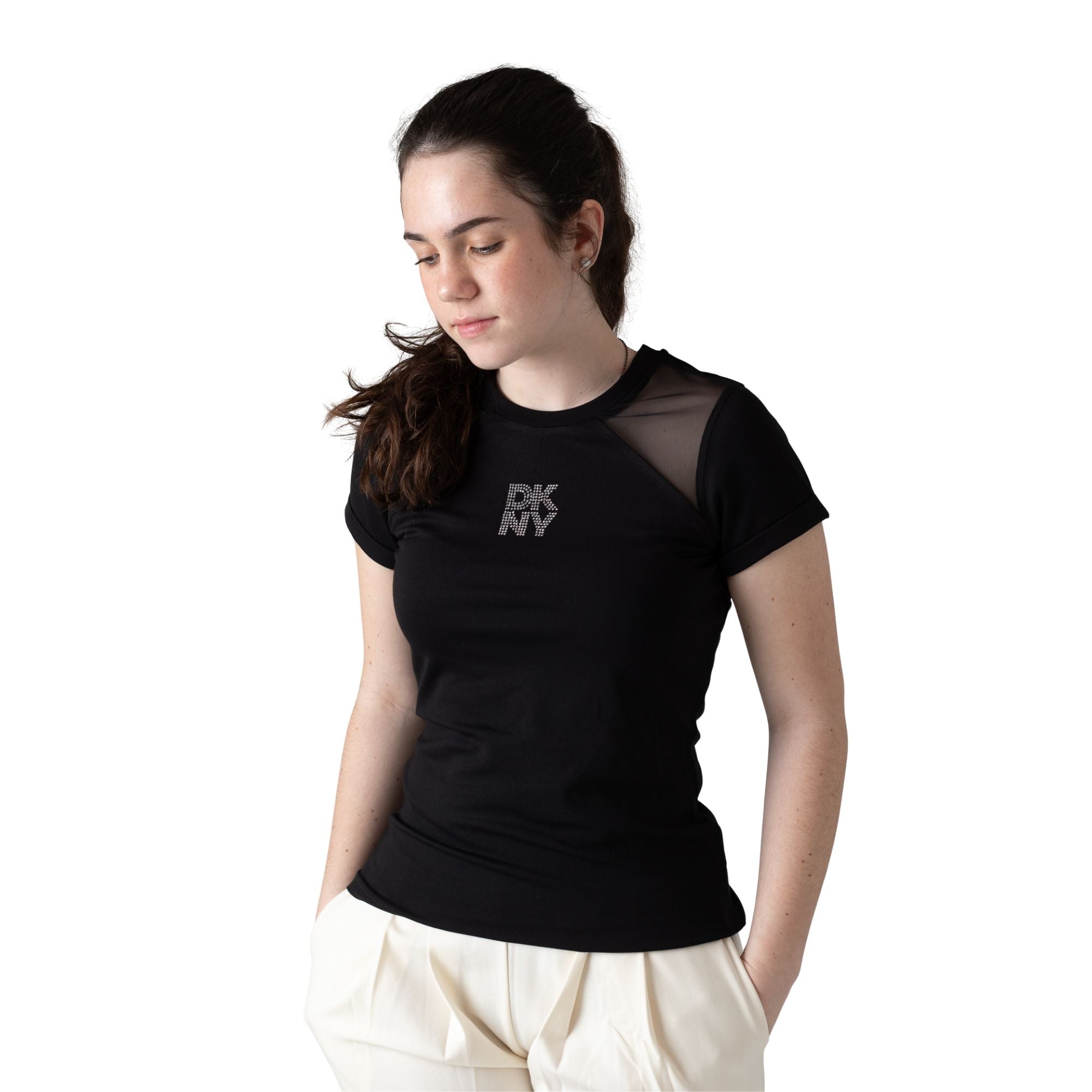 Camiseta negra de niña DKNY con logo brillante en lentejuelas Konestilochic