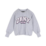DKNY - D62905-A32 - Sudadera gris de felpa francesa con estampado delantero y bajo elástico - Niña