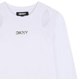 DKNY - D62918-10P - Camiseta blanca de manga larga con detalles de tul y logo plateado - Niña