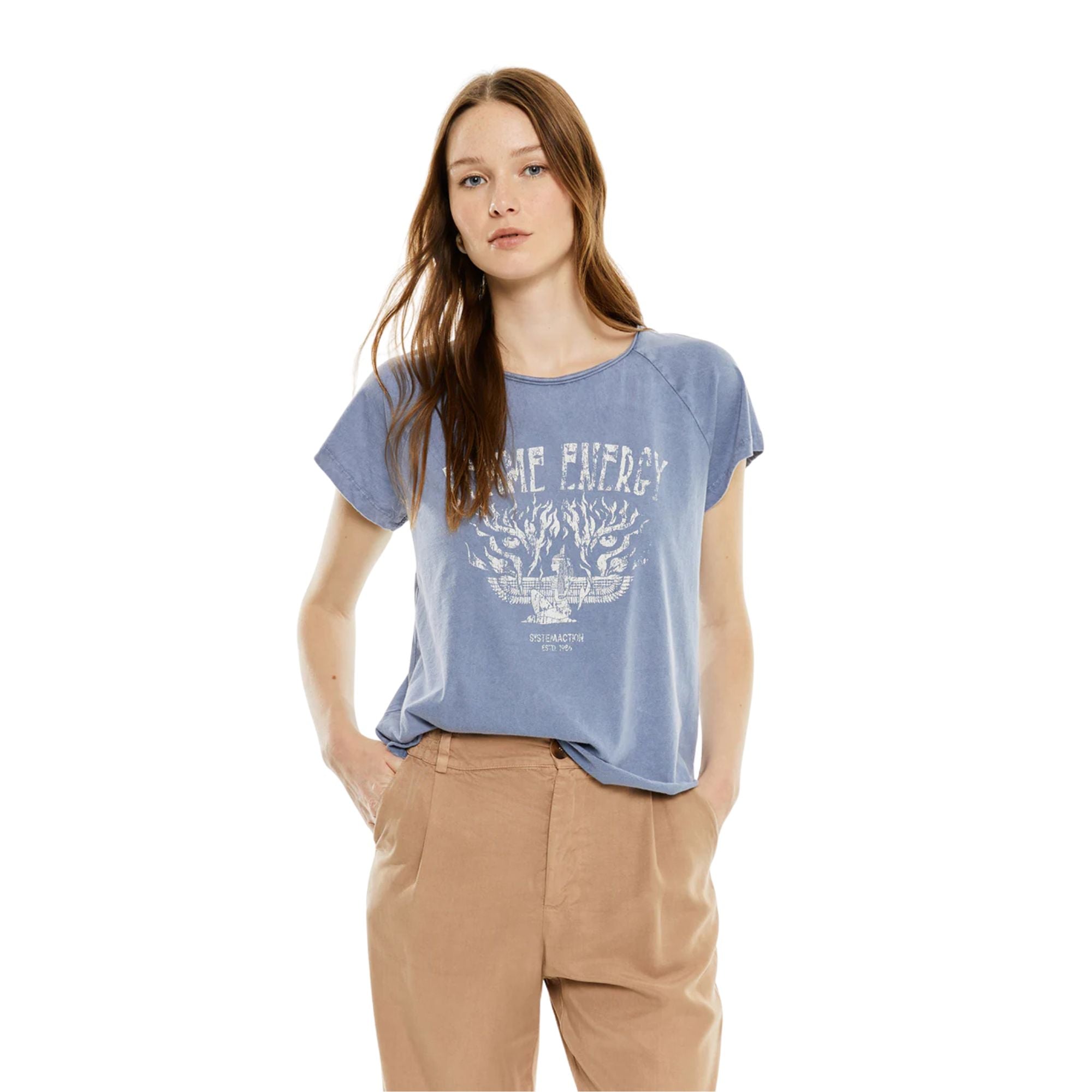 Camiseta azul System Action de mujer con estampado frontal Konestilochic