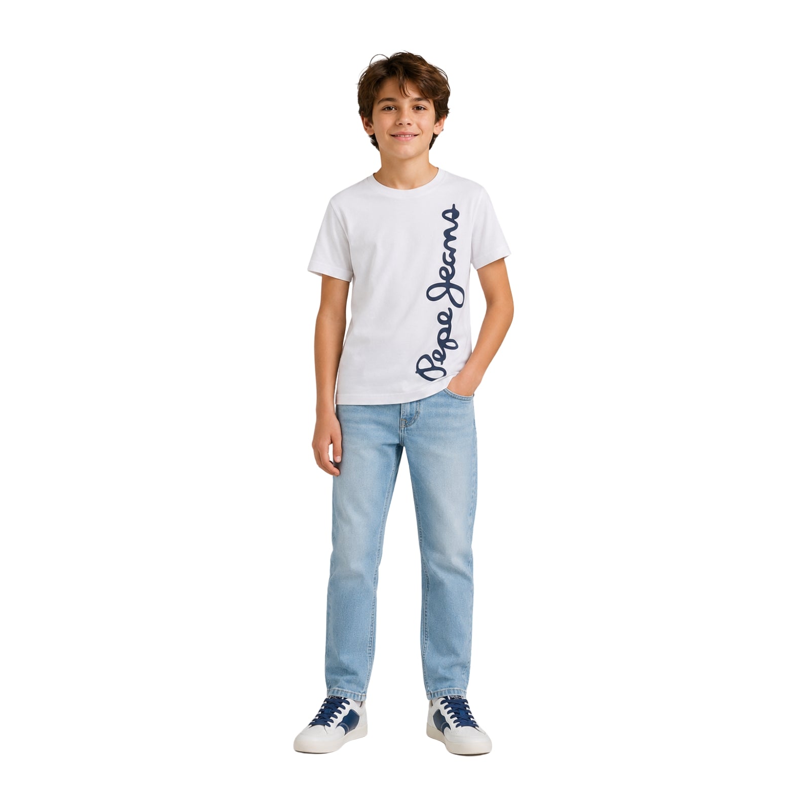 Camiseta blanca de niño Pepe Jeans con logo estampado | Konestilochic