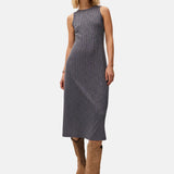 System Action - V26VE206-7 – Vestido azul midi de canalé con cuello caja - Mujer